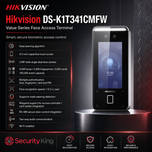 Hikvision face access terminal with features listed on a dark background