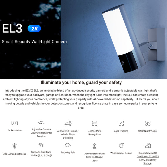 EZVIZ EL3 Smart Security Wall-Light 2K Camera (99°) Fixed Lens