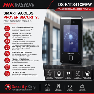 HIKVISION face access terminal with features listed on a promotional graphic.