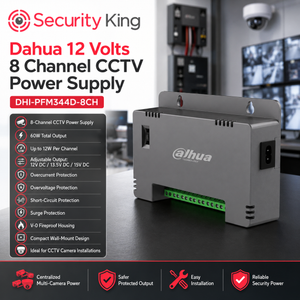 Dahua 12 Volts 8 Channel CCTV Power Supply with product details on a dark surface.