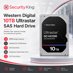 Western Digital Ultrastar DC HC330 10TB SAS hard drive shown on a promotional graphic for Security King. The drive has a silver metal chassis with a black front label featuring white text and a small red and blue accent line.