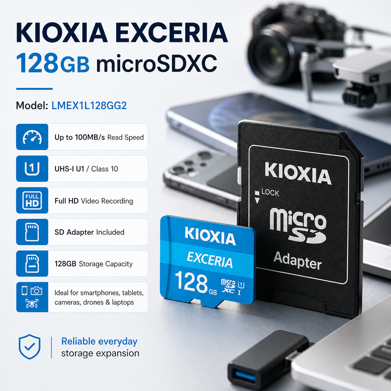 kioxia-exceria-microsdxc-memory-card-with-adapter-on-a-table-with-electronic-devices-in-the-background