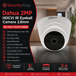 Dahua security camera with product details on a red and black background