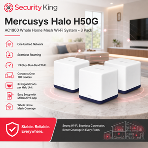 Security King Mercus Halo H50G AC1900 Whole Home Mesh Wi-Fi System - 3 Pack, featuring three white mesh routers with dark blue bases on a marble countertop, set against a blurred living room background with product features listed on the left.