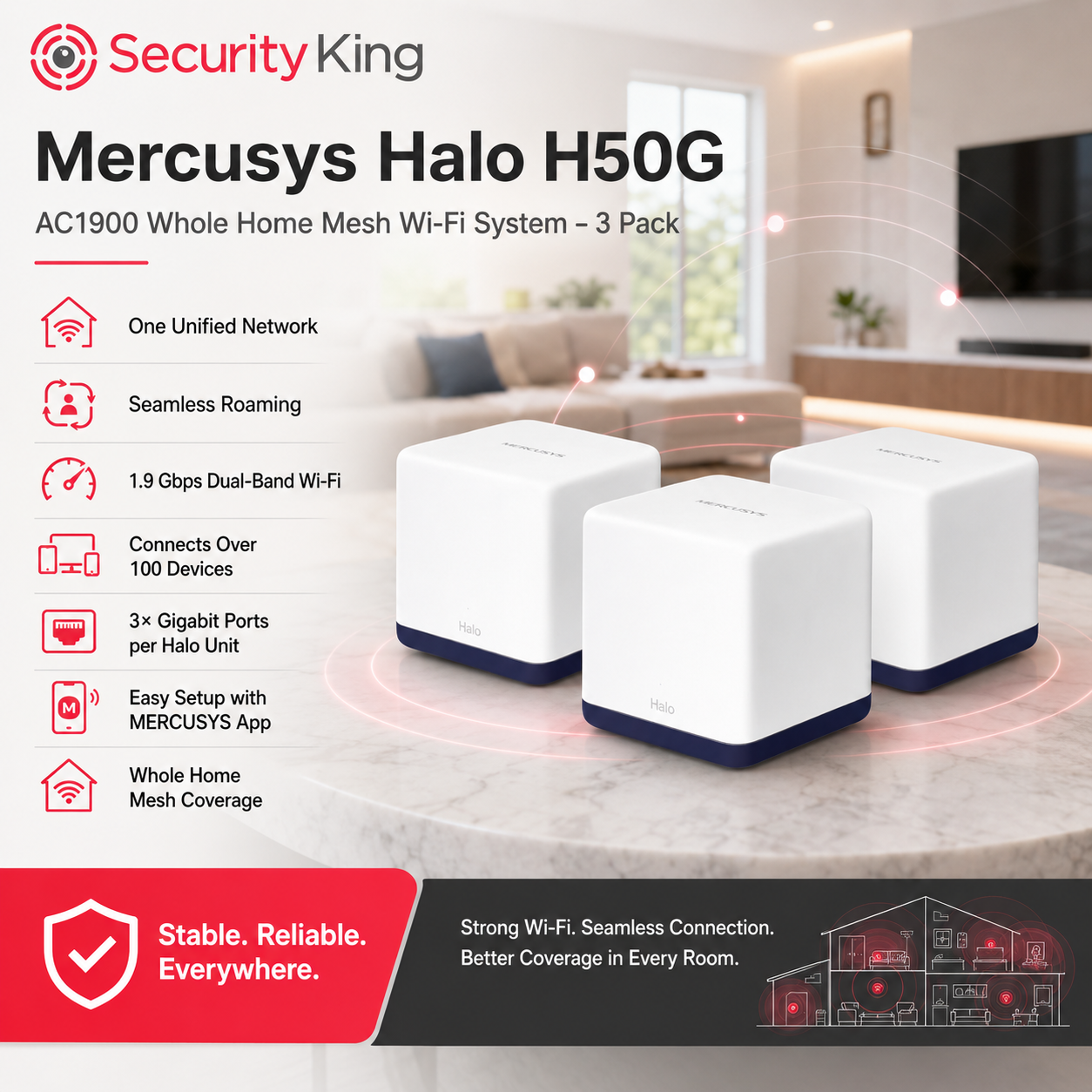 security-king-mercus-halo-h50g-ac1900-whole-home-mesh-wi-fi-system-3-pack-featuring-three-white-mesh-routers-with-dark-blue-bases-on-a-marble-countertop-set-against-a-blurred-living-room-background-with-product-features-listed-on-the-left