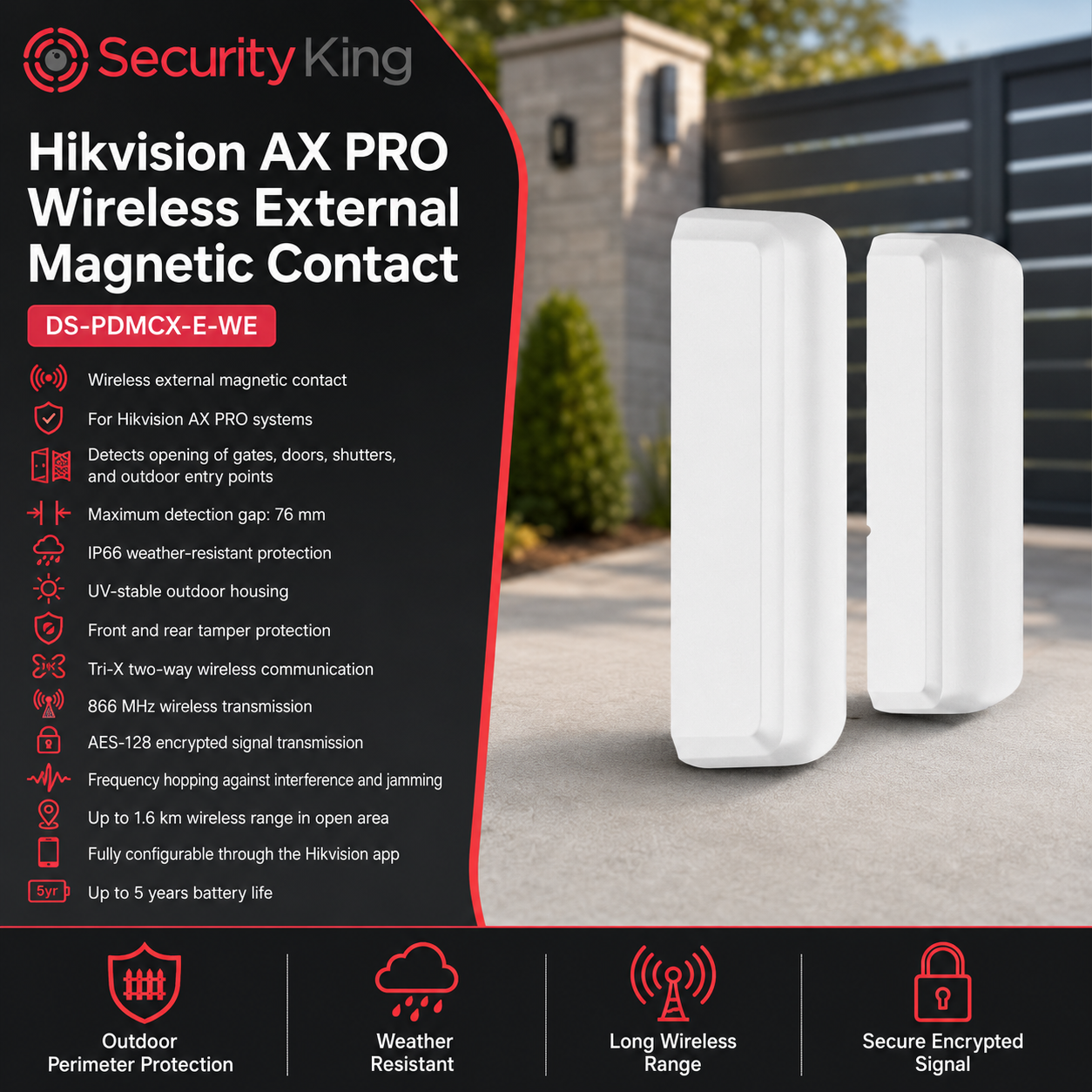 hikvision-ax-pro-wireless-external-magnetic-contact-with-product-details-on-a-black-background