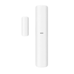 A minimalist white cylindrical electronic device with a small horizontal indicator slit, shown next to a smaller matching cylindrical component on a clean white background.