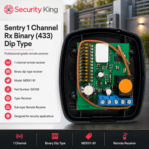 Security King Sentry 1 Channel Rx Binary (433) Dip Type remote receiver, featuring a green circuit board inside a black plastic housing with a blue terminal block, shown on a white and black graphic background with product specifications.
