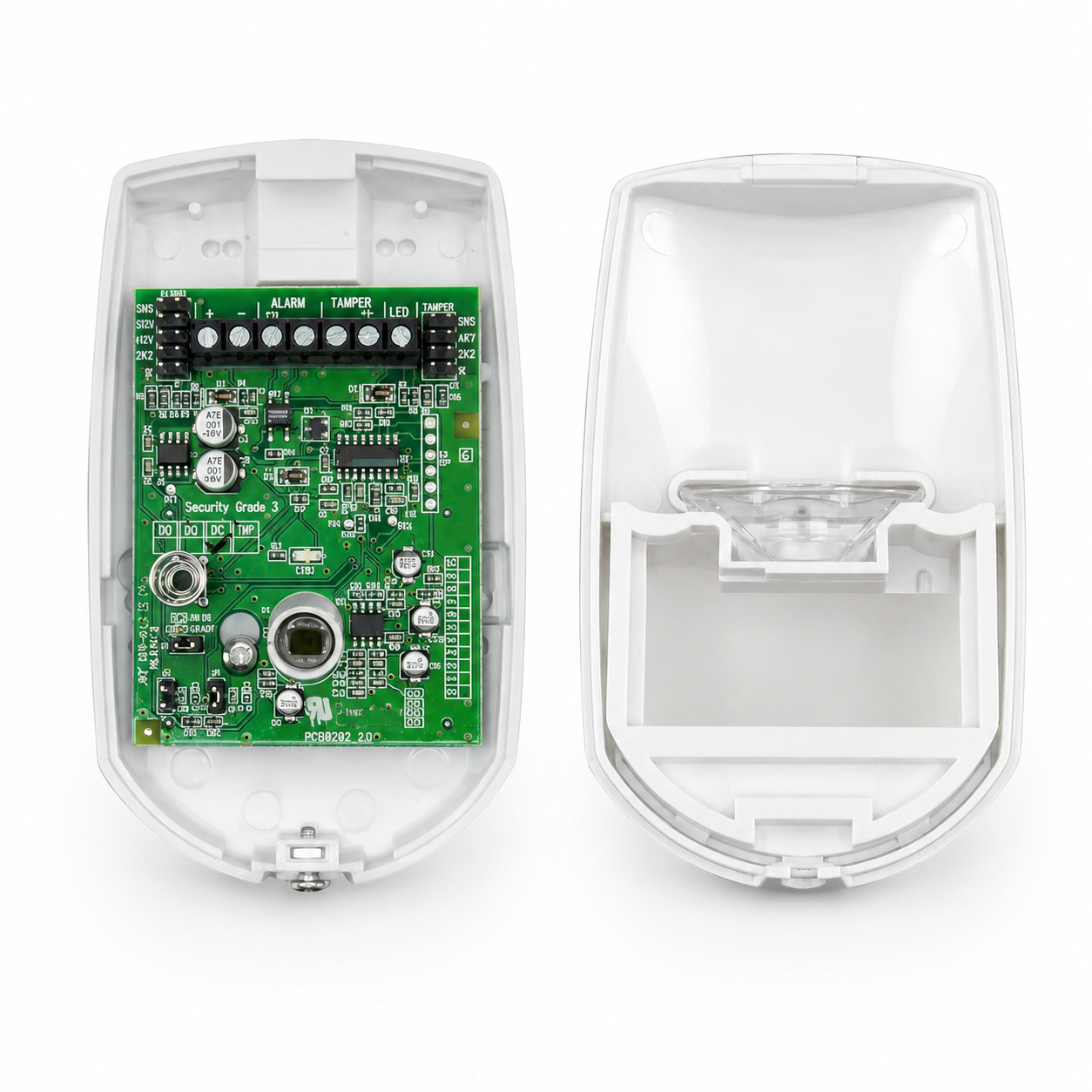 a-white-electronic-alarm-device-shown-open-with-the-front-cover-removed-to-reveal-a-green-circuit-board-on-the-left-and-the-empty-back-shell-on-the-right-photographed-on-a-white-background
