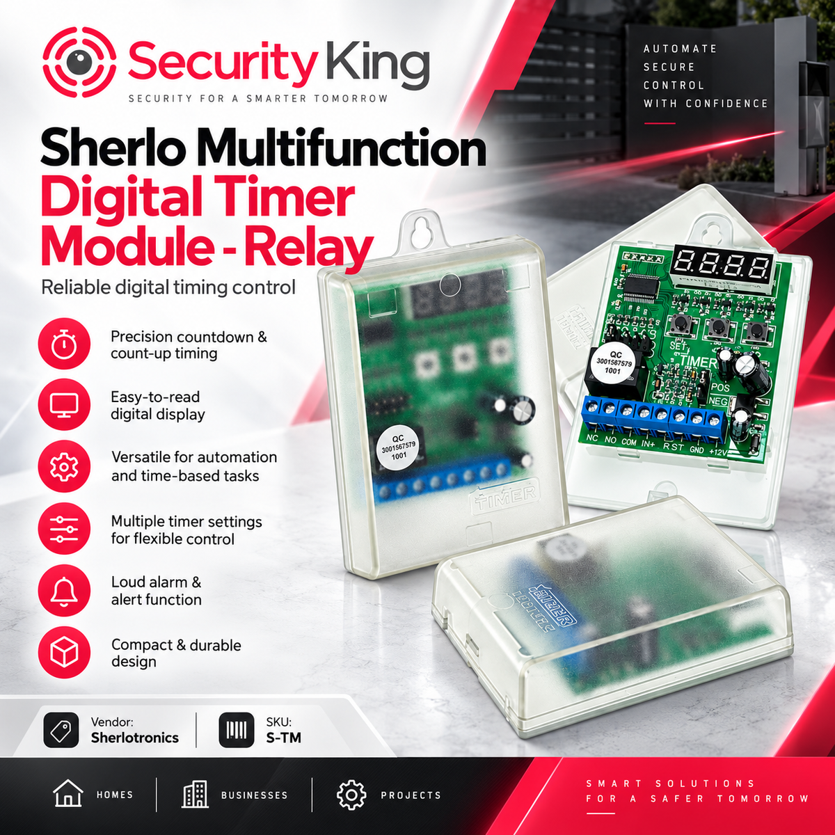 sherlo-multifunction-digital-timer-module-relay-by-security-king-featuring-two-electronic-timer-relay-units-with-green-circuit-boards-and-blue-terminal-blocks-shown-on-a-promotional-graphic-background-with-product-features-and-branding