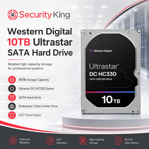Promotional graphic for a Western Digital Ultrastar DC HC330 10TB SATA hard drive by Security King, shown on a silver and black drive with server-room background graphics and feature icons.