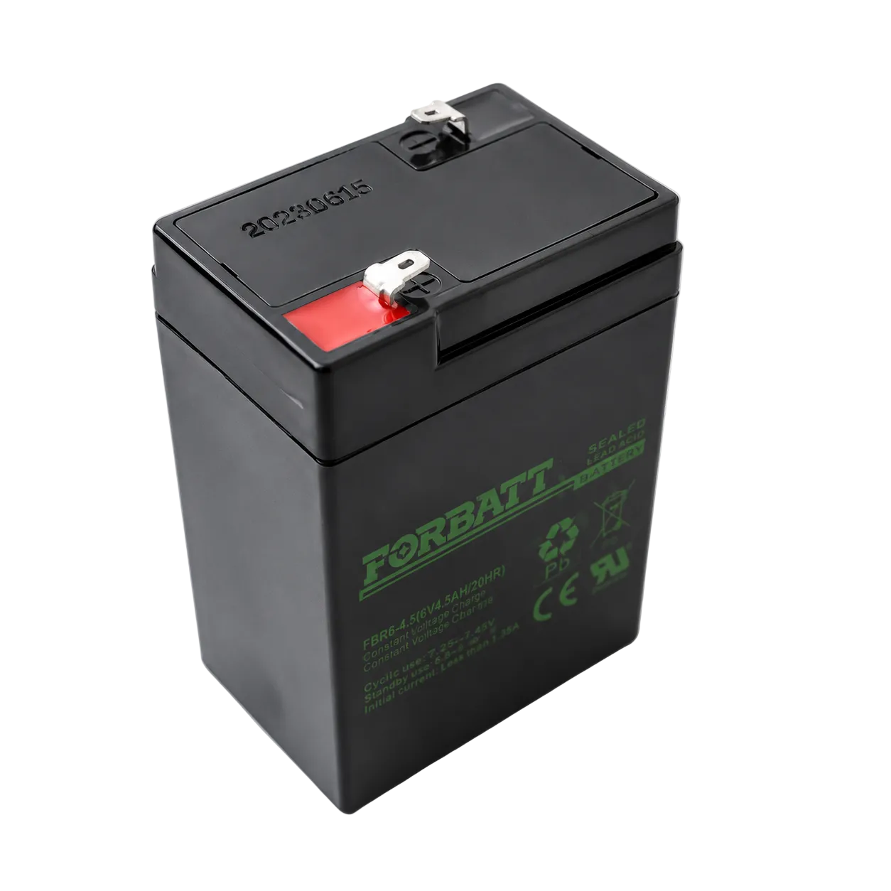 a-black-forbatt-automotive-battery-with-green-printed-branding-and-specifications-on-the-side-featuring-a-red-terminal-cover-on-one-terminal-and-a-white-terminal-on-the-other-set-against-a-plain-white-background