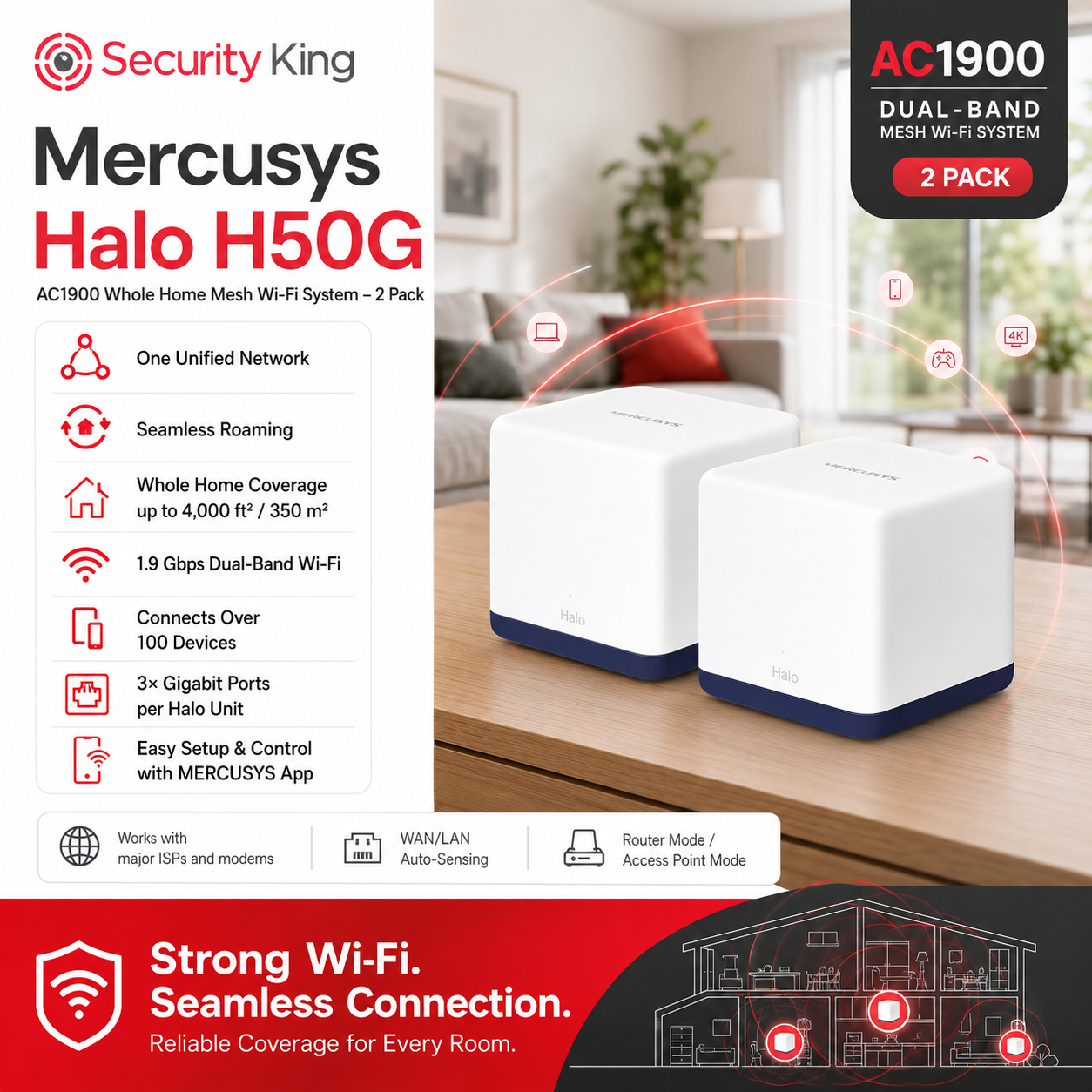 security-king-mercusys-halo-h50g-ac1900-dual-band-mesh-wi-fi-system-2-pack-featuring-two-white-routers-with-blue-accents-on-a-wooden-table-in-a-living-room-setting-with-product-features-and-specifications-listed-on-the-left-and-top-right