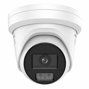A white dome security camera with a black front lens housing and dual IR LEDs, shown against a plain white background.
