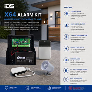 IDS X64 Alarm Kit with components and features listed on a modern home exterior background.