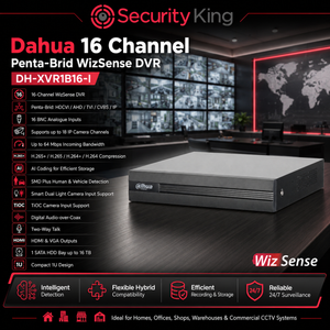 Dahua 16-channel security system DVR with features and specifications displayed on a dark background.