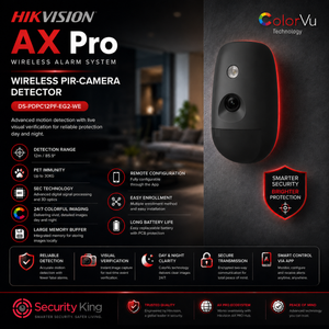 Hikvision AX Pro wireless alarm system promotional graphic featuring a black wireless PIR-camera detector with red trim on the right, alongside extensive feature callouts, icons, and text on a dark background. ColorVu Technology branding is visible at the top right.