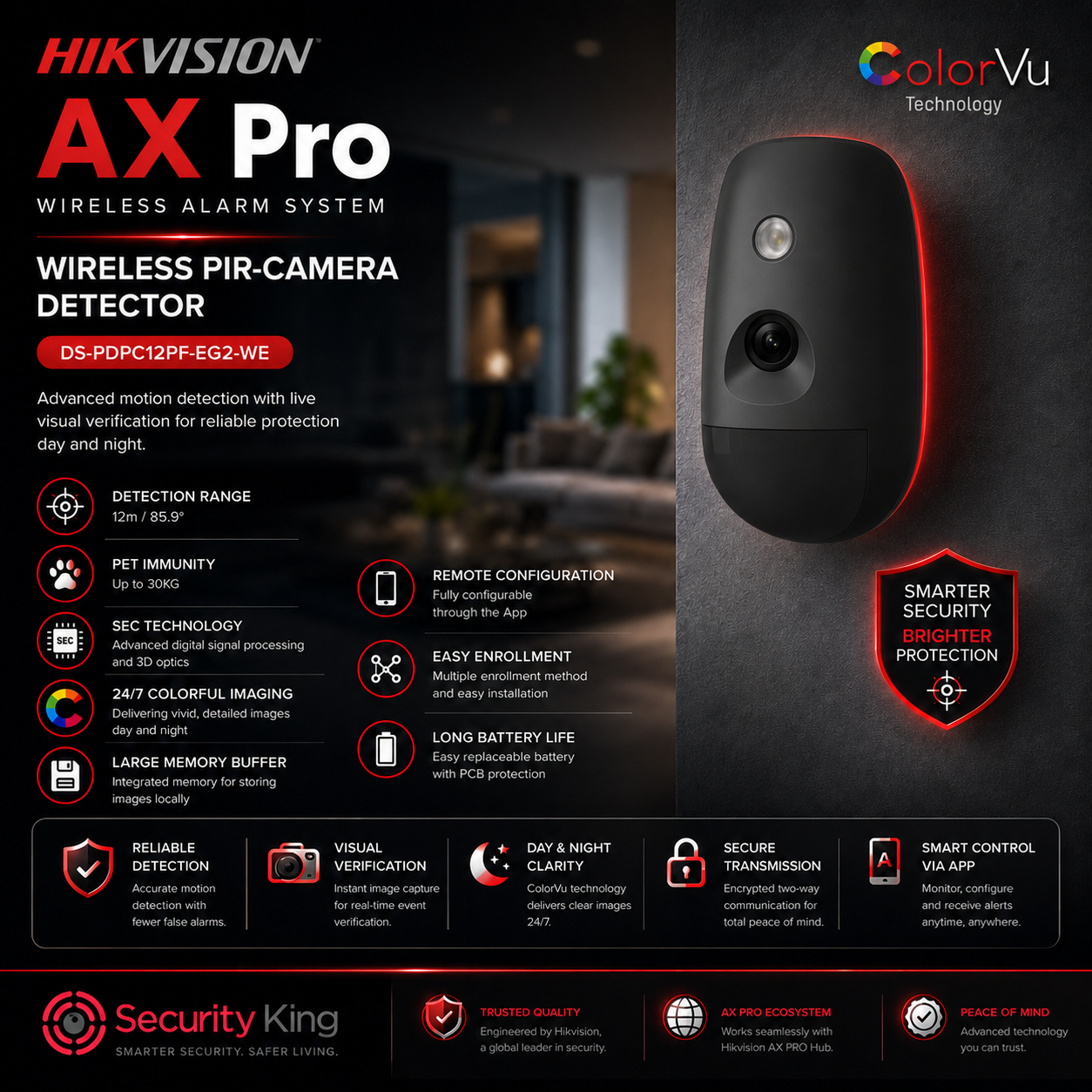 hikvision-ax-pro-wireless-alarm-system-promotional-graphic-featuring-a-black-wireless-pir-camera-detector-with-red-trim-on-the-right-alongside-extensive-feature-callouts-icons-and-text-on-a-dark-background-colorvu-technology-branding-is-visible-at-the-top-right