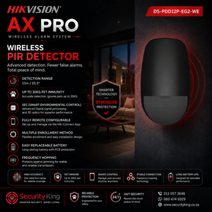 A promotional graphic for the HIKVISION AX Pro Wireless PIR Detector, showing a black cylindrical detector on the right with red glow effects and product features listed in white and red text on the left, with a SecurityKing footer at the bottom.