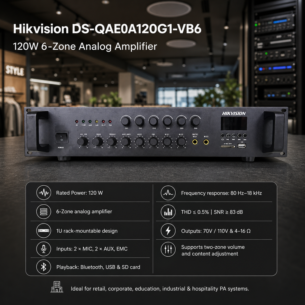 hikvision-120w-6-zone-analog-amplifier