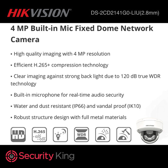 Hikvision 4MP IP Dome Camera 2.8mm - Smart Hybrid with Audio