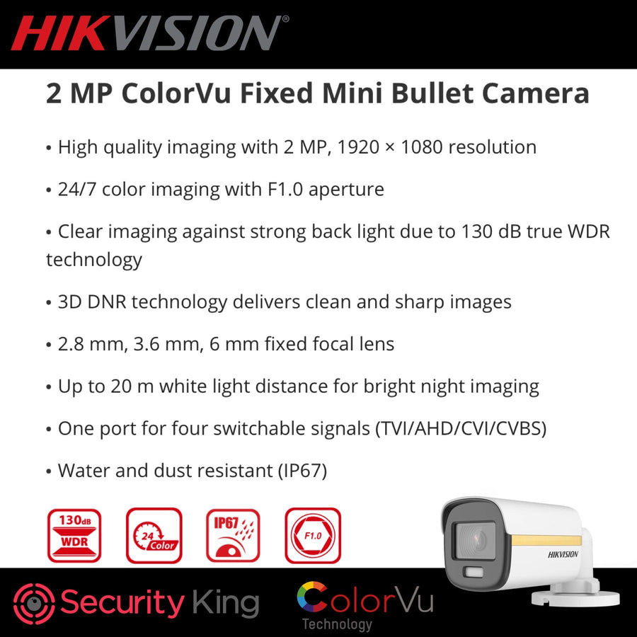 2mp Color Vu Hikvision 2MP ColorVu Fixed Mini Bullet Camera - Gold Series - SecurityKing