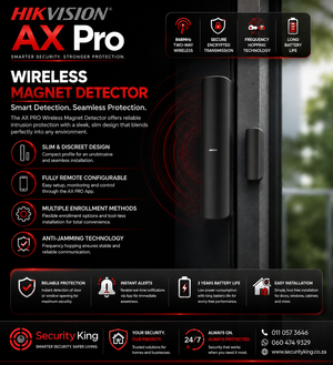 Hikvision AX Pro Wireless Magnet Detector promotional graphic showing the black cylindrical detector device, feature callouts, icons, and Security King branding on a dark background.