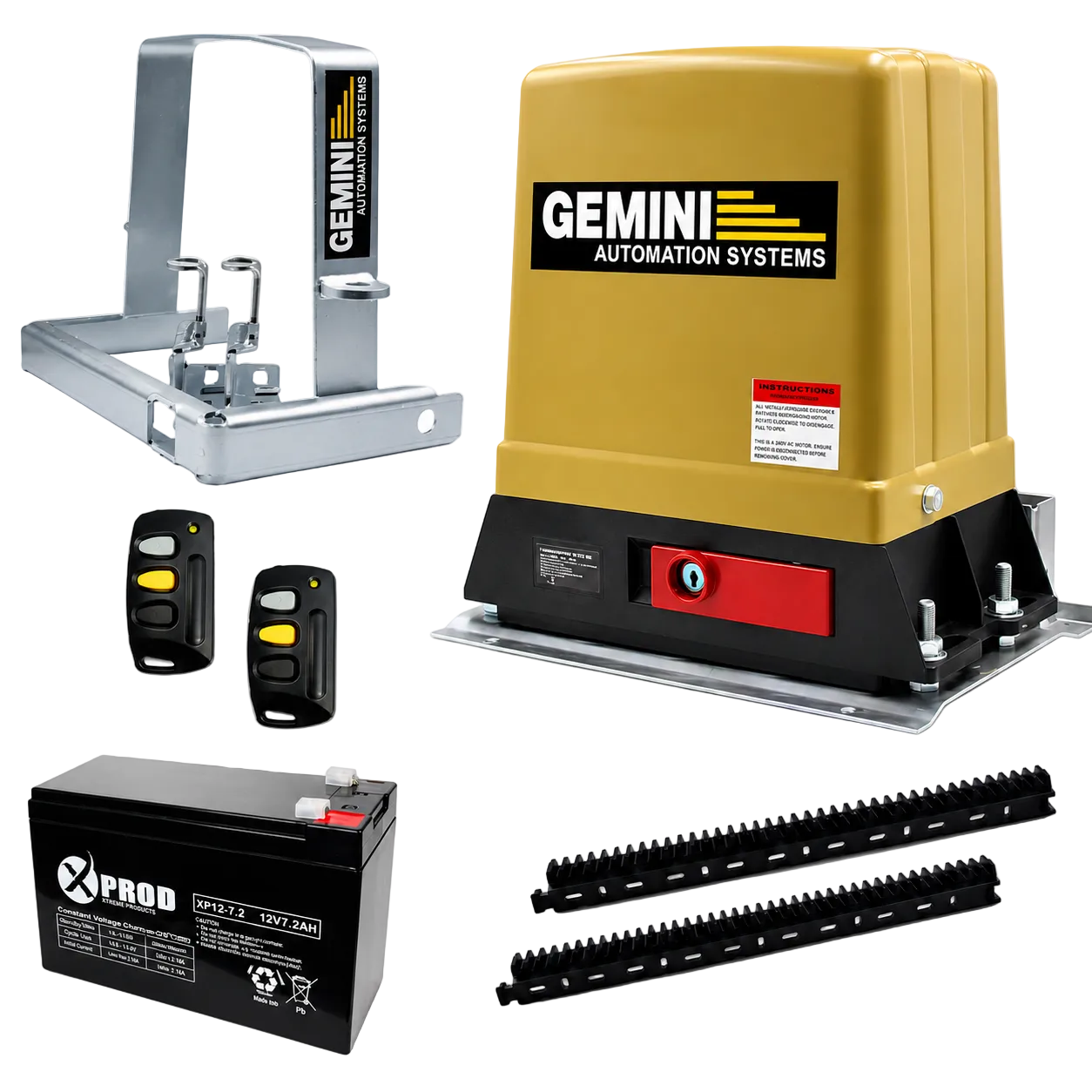gemini-automation-systems-automatic-gate-opener-kit-including-a-gold-and-black-motor-drive-silver-metal-mounting-bracket-two-black-remotes-with-yellow-buttons-a-black-x-pro2-battery-and-two-black-gear-trains-all-arranged-on-a-white-background