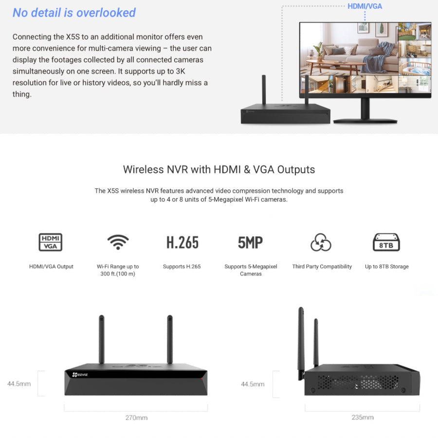 EZVIZ X5S 8W - NVR 8 canaux 5MP sans fil avec sorties HDMI et VGA - Portée du Wi-Fi jusqu'à 100m EZVIZ X5S 8W - NVR 8 canaux 5MP sans fil avec sorties HDMI et VGA - Portée du Wi-Fi jusqu'à 100m