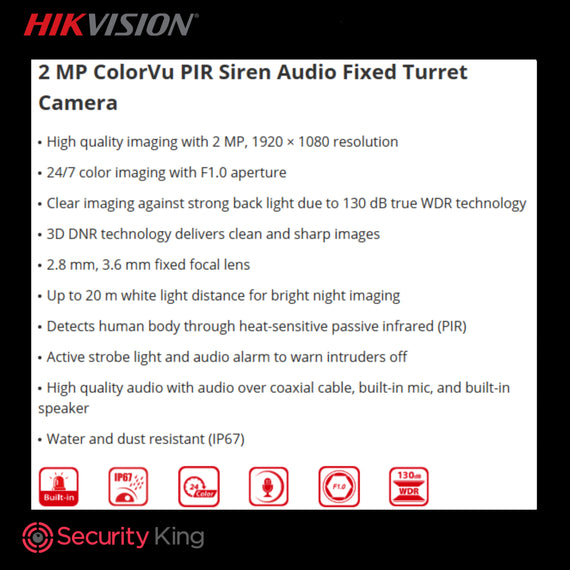 Hikvision 2 MP ColorVu PIR Siren Audio Fixed Turret Camera