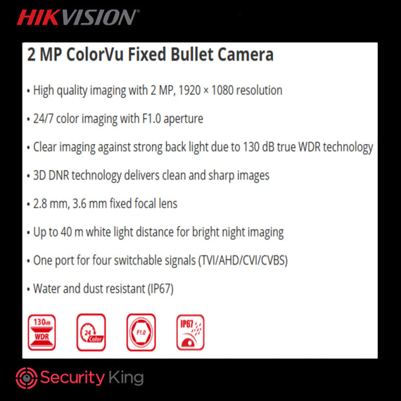 Hikvision 2MP Colorvu Bullet Camera - Gold Series - 40m