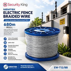 NEMTEK Security King 1.2mm stranded galvanized electric fence wire, 680m roll, spool wound with gray wire on blue plastic spool, set against a background of an electric fence installation on a modern house.