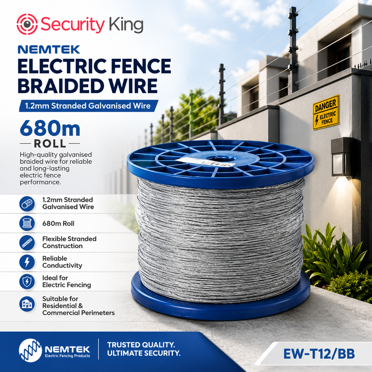 nemtek-security-king-1-2mm-stranded-galvanized-electric-fence-wire-680m-roll-spool-wound-with-gray-wire-on-blue-plastic-spool-set-against-a-background-of-an-electric-fence-installation-on-a-modern-house