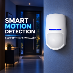 A white smart motion detection security sensor mounted on a textured blue wall, shown next to a blurred hallway background with promotional text reading 'SMART MOTION DETECTION' and 'SECURITY THAT STAYS ALERT'.