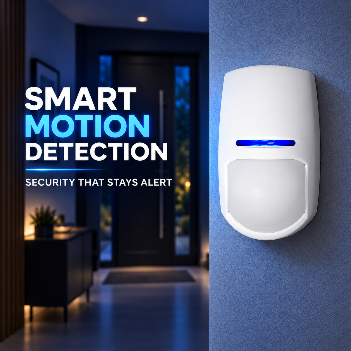a-white-smart-motion-detection-security-sensor-mounted-on-a-textured-blue-wall-shown-next-to-a-blurred-hallway-background-with-promotional-text-reading-smart-motion-detection-and-security-that-stays-alert