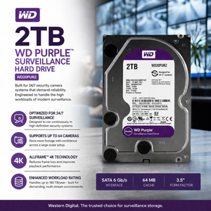 WD Purple surveillance hard drive with specifications on a blurred office background
