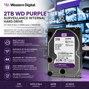 Western Digital 2TB WD Purple surveillance hard drive with features listed on a purple background.