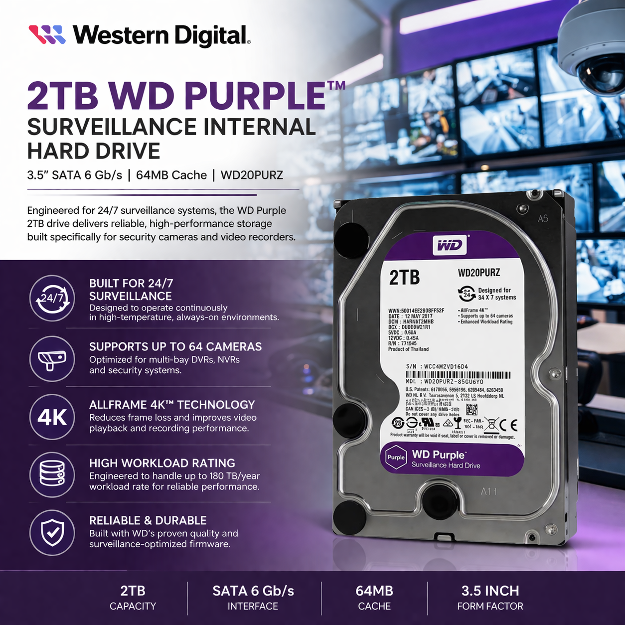 western-digital-2tb-wd-purple-surveillance-hard-drive-with-features-listed-on-a-purple-background