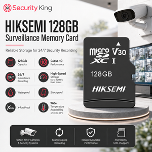 Security King HIKSEMI 128GB Surveillance Memory Card shown on a pedestal with a security camera and monitor in the background. The card is black with white text, and the graphic includes feature icons and text such as 128GB capacity, Class 10 performance, 24/7 surveillance recording, high-speed storage, waterproof, and shockproof.