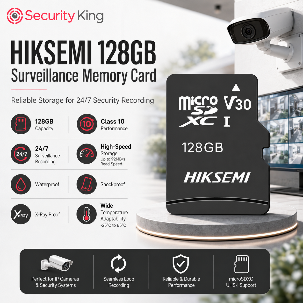 security-king-hiksemi-128gb-surveillance-memory-card-shown-on-a-pedestal-with-a-security-camera-and-monitor-in-the-background-the-card-is-black-with-white-text-and-the-graphic-includes-feature-icons-and-text-such-as-128gb-capacity-class-10-performance-24-7-surveillance-recording-high-speed-storage-waterproof-and-shockproof