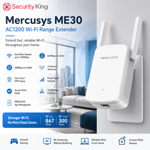 Security King Mercusys ME30 AC1200 Wi-Fi Range Extender shown in a white wall-mount setup with two antennas, alongside feature callouts and a living room background.