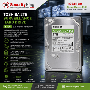 Toshiba Surveillance S300 2TB Surveilliance Hard Drive on a dark, tech-themed background with SecurityKing branding and product specifications.