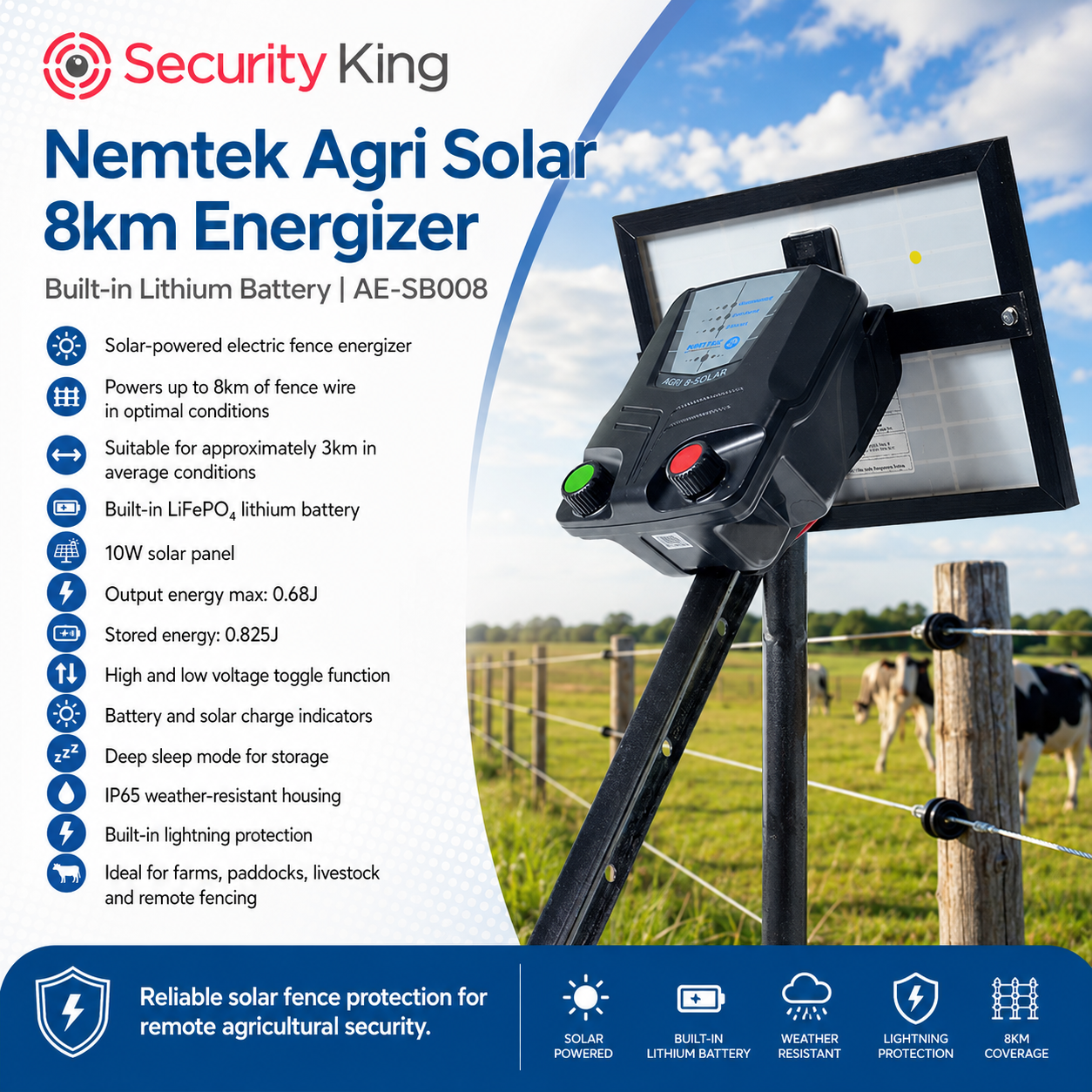 nemtek-agri-solar-8km-energizer-solar-powered-electric-fence-energizer-shown-mounted-on-a-pole-in-a-farm-field-with-a-cow-visible-in-the-background-the-product-is-black-with-a-small-green-and-red-button-and-a-digital-display