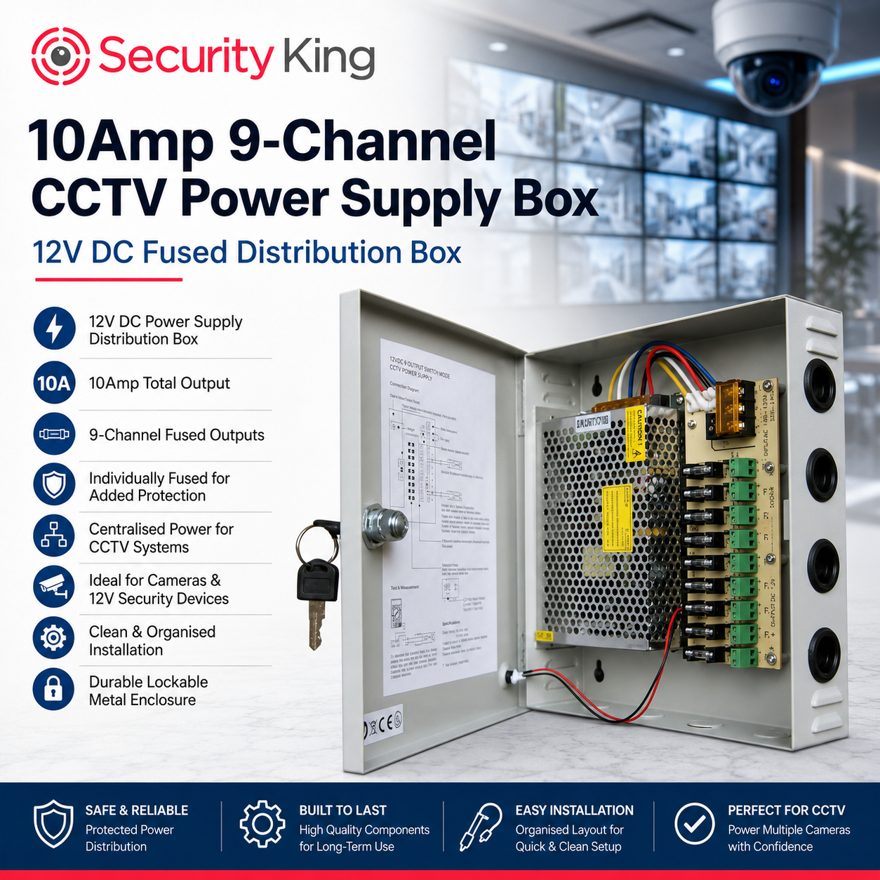 security-king-10amp-9-channel-cctv-power-supply-box-shown-open-revealing-internal-circuitry-and-distribution-terminals-with-product-features-listed-on-the-left-and-a-security-themed-background