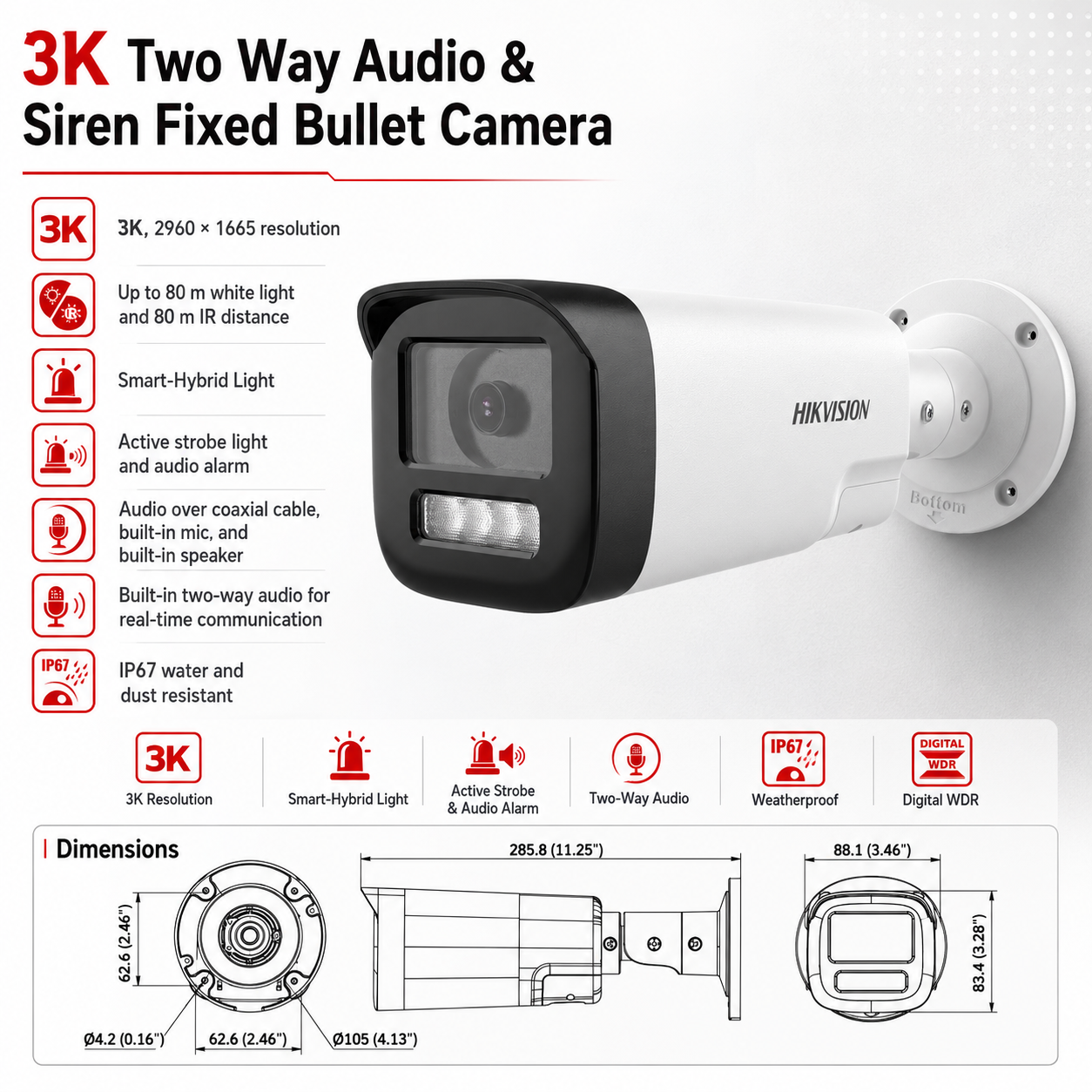 hikvision-3k-two-way-audio-and-siren-fixed-bullet-camera-product-graphic-with-a-white-and-black-camera-illustration-feature-icons-dimensions-and-technical-specifications-on-a-light-gray-background