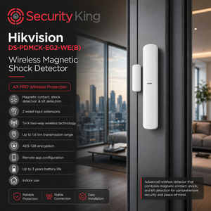 Security King Hikvision DS-PDMCK-EG2-WEB wireless magnetic shock detector shown installed on a dark glass door, with a matching small sensor on the adjacent door. The image includes product specs and feature callouts on a dark background.