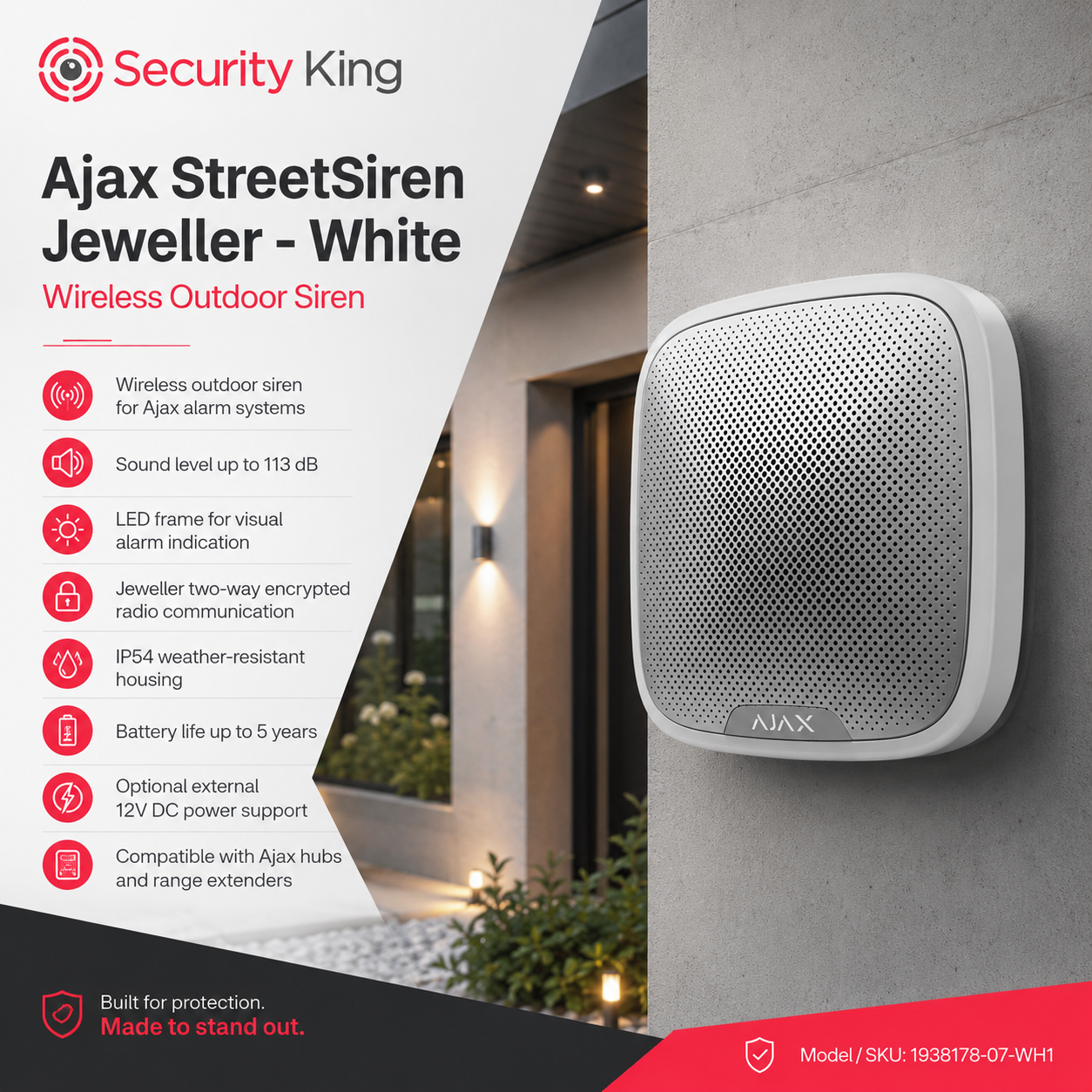 ajax-streetsiren-jeweller-wireless-outdoor-siren-on-a-wall-with-security-king-branding-and-product-details