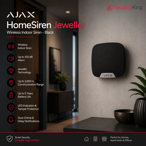 AJAX HomeSiren Jeweller wireless indoor siren on a wall with product details on a dark background
