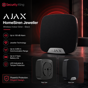 Ajax HomeSiren Jeweller wireless indoor siren with product details on a dark background