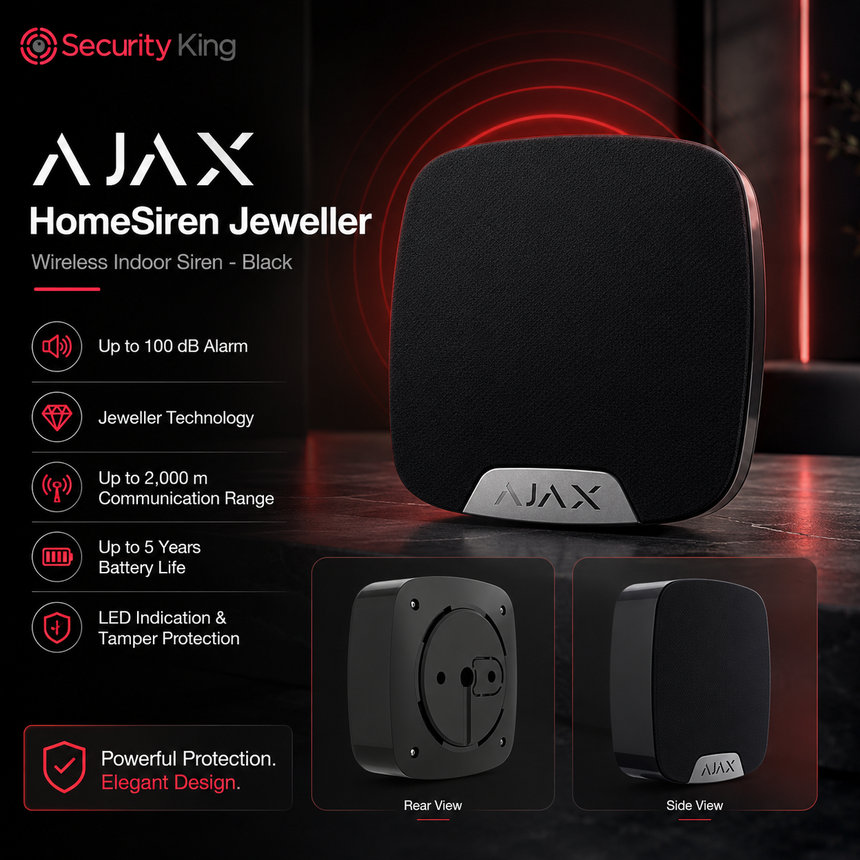 ajax-homesiren-jeweller-wireless-indoor-siren-with-product-details-on-a-dark-background